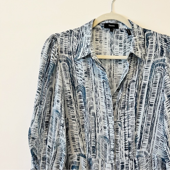 Theory 100% Silk Point-Collar Shirtdress Block Printed 3/4 Sleeves Mini Dress 4 - Picture 8 of 10
